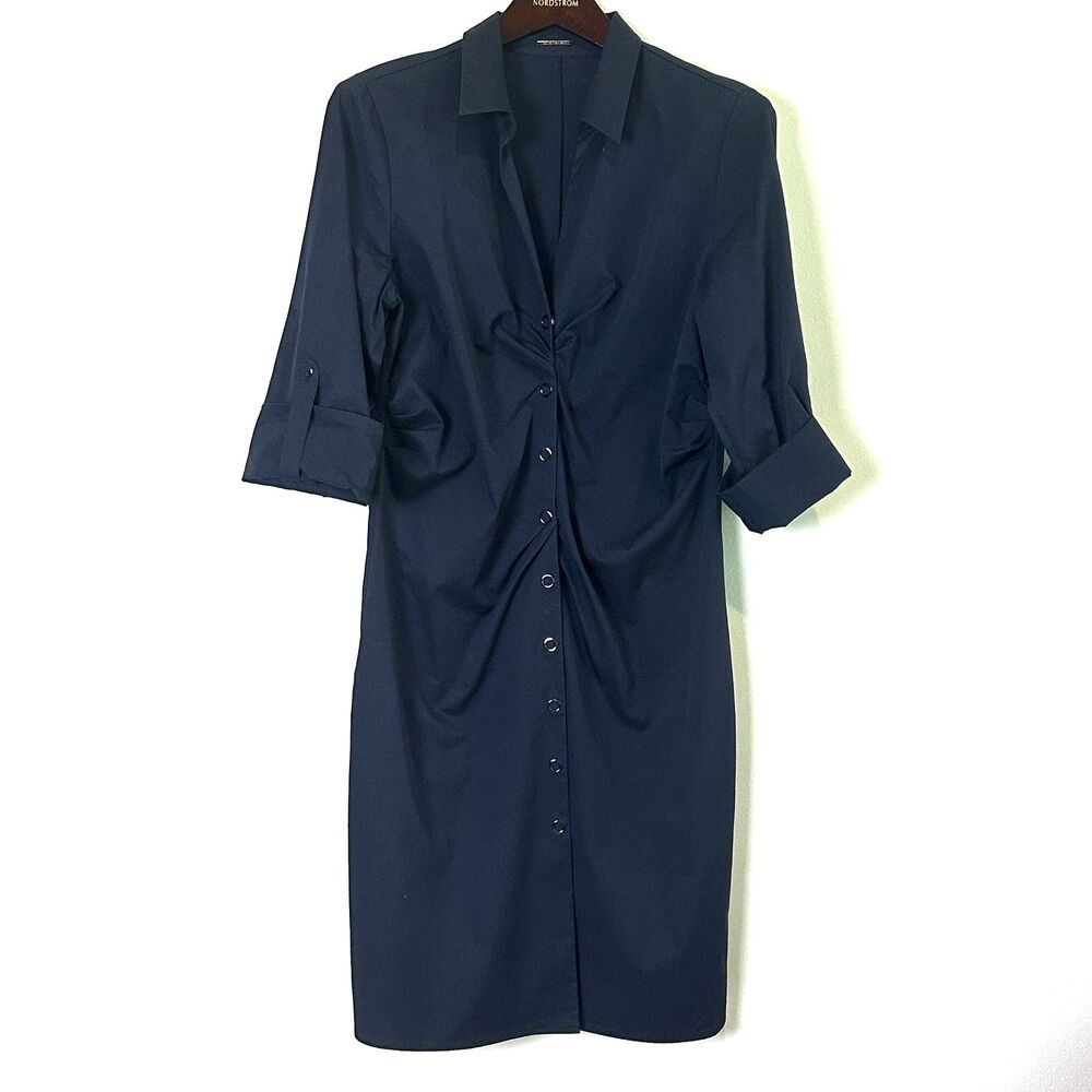 Elie Tahari Navy Snap Front Shirt Dress Sz 10 Cotton Blend Quiet Luxury Capsule